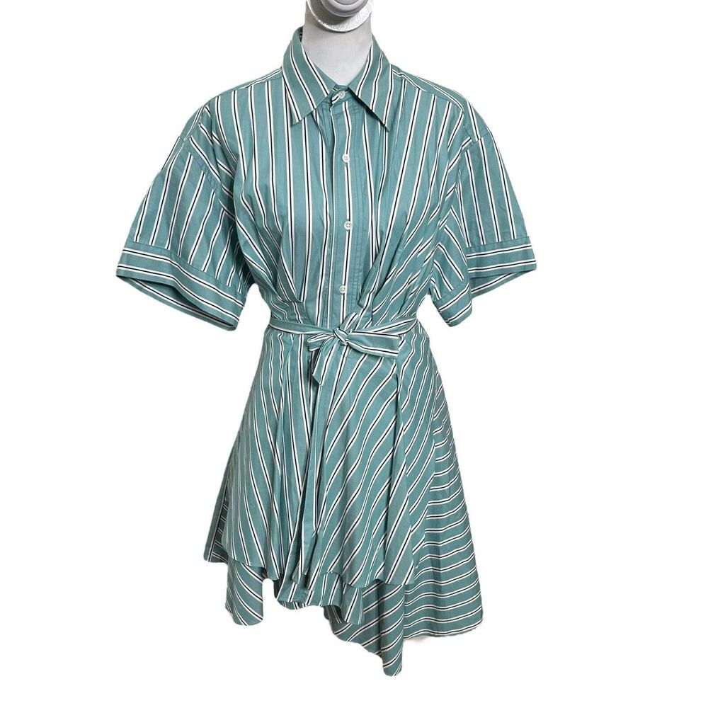 AKNVAS Tammy Shirt Dress Women's Medium Nile Stripe‎ Cotton Belted Ruffle Casual - Picture 2 of 10